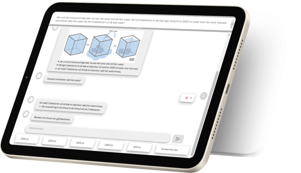 Schermafbeelding van het Enlight Ed-platform op een tablet, met een chat-achtige interface van een rekenopgave in uitvoering. De afbeelding toont begeleidende vragen, hints en antwoorden van de student, wat de interactieve leerervaring illustreert.