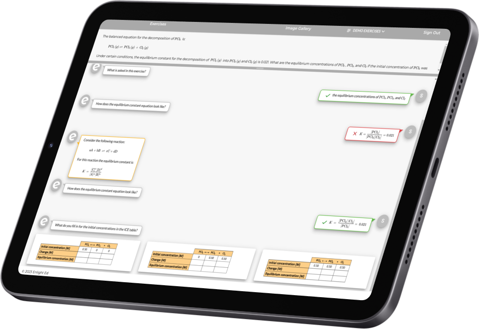 Snapshot of the Enlight Ed platform running on a tablet, displaying a chat-like interface with a chemistry problem in progress. The image shows guiding questions, hints, and student answers, illustrating the interactive learning experience.